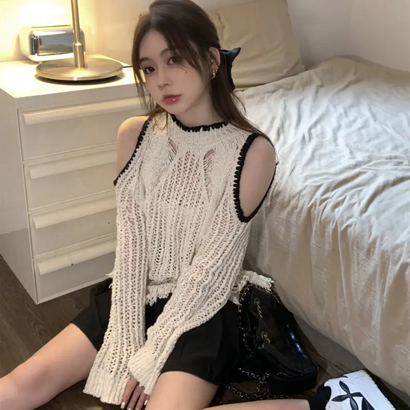 shoulder knitted pullovers women hollow out