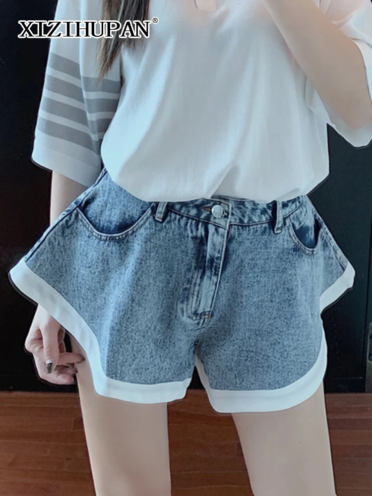 xizihupan patchwork pockets colorblock denim shorts