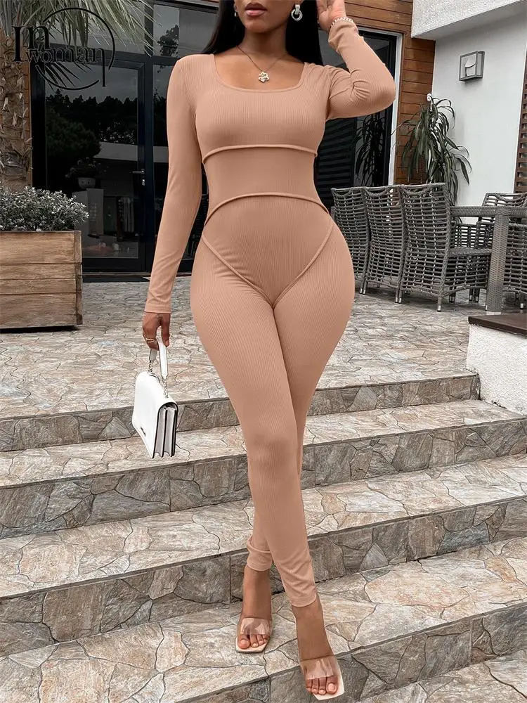 inwoman autumn sexy solid bodycon jumpsuit