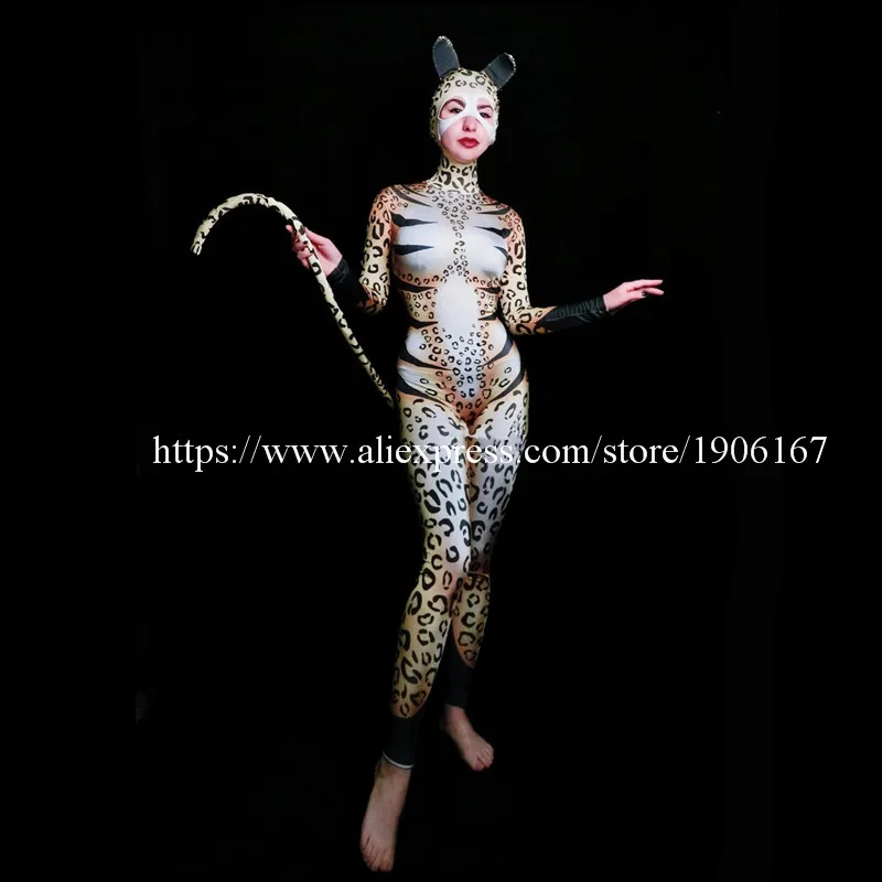 leopard women sexy jumpsuit tail cosplay