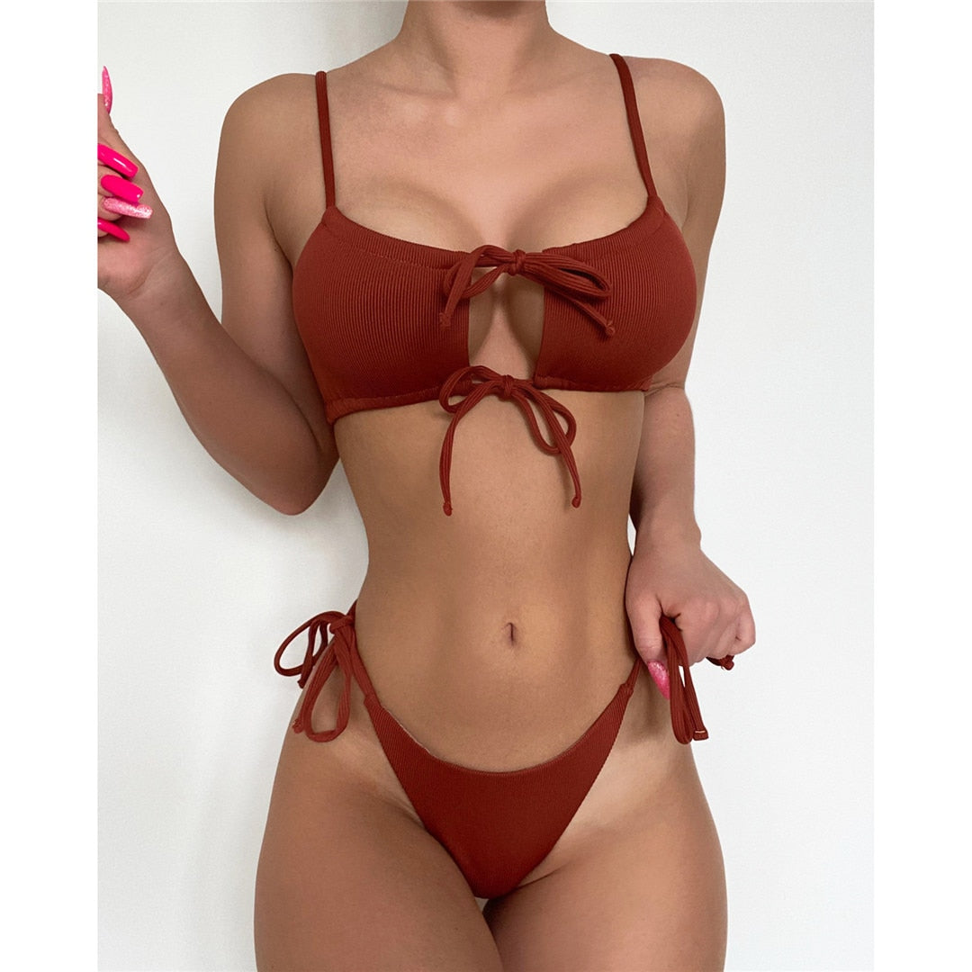 lace up ribbed brazilian bikini cuvati