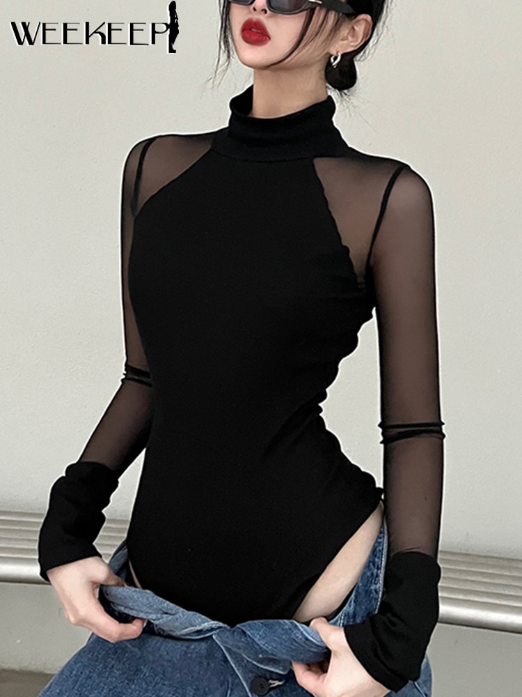 weekeep black mesh transparent bodysuit women
